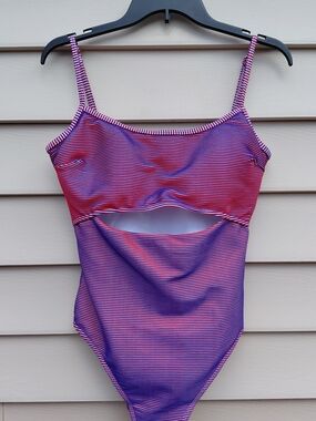 RXRXCOCO Women's Red and  Blue Striped One-Piece Swimsuit with Cutout Size Large